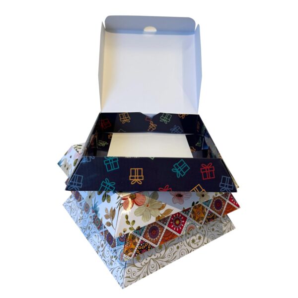 Multi Purpose Pyramid Box |Pack of 20 |Decorative Multi Colour Printed Designs| 5 Pcs Each |Suitable for Food, Mithai, Jewellery, Dry Food, Gift Box| 14 cm x 14 cm x 3 cm|TR209