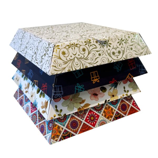 Multi Purpose Pyramid Box |Pack of 20 |Decorative Multi Colour Printed Designs| 5 Pcs Each |Suitable for Food, Mithai, Jewellery, Dry Food, Gift Box| 14 cm x 14 cm x 3 cm|TR209