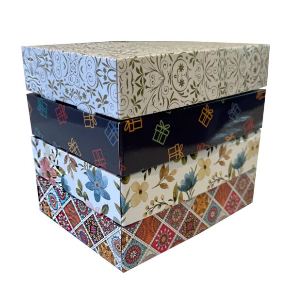 Multi Purpose Rectangle Box |Pack of 20 |Decorative Multi Colour Printed Designs| 5 Pcs Each |Suitable for Food, Mithai, Jewellery, Dry Food, Gift Box|18 cm x 13 cm x 3.7 cm|TR211