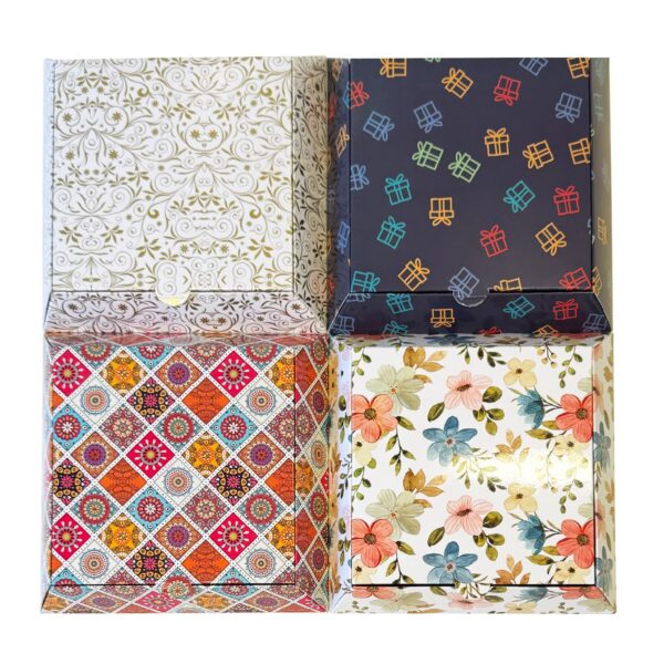 Multi Purpose Pyramid Box |Pack of 20 |Decorative Multi Colour Printed Designs| 5 Pcs Each |Suitable for Food, Mithai, Jewellery, Dry Food, Gift Box| 14 cm x 14 cm x 3 cm|TR209