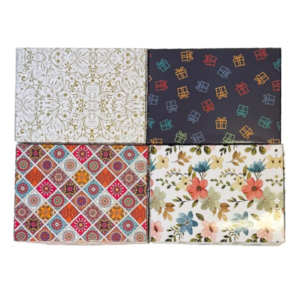 Multi Purpose Rectangle Box |Pack of 20 |Decorative Multi Colour Printed Designs| 5 Pcs Each |Suitable for Food, Mithai, Jewellery, Dry Food, Gift Box|18 cm x 13 cm x 3.7 cm|TR211