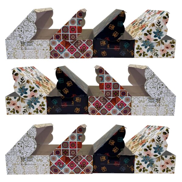 Multi Purpose Rectangle Box |Pack of 20 |Decorative Multi Colour Printed Designs| 5 Pcs Each |Suitable for Food, Mithai, Jewellery, Dry Food, Gift Box|17 cm x 12.5 cm x 6 cm|TR212